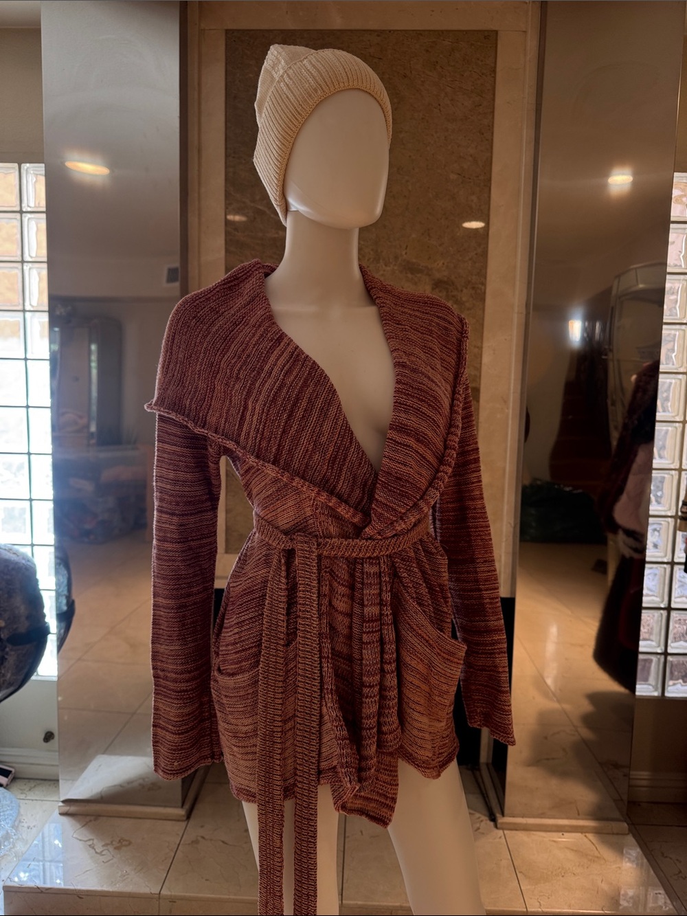 Goddis Vintage Hooded Wrap Cardigan Sweater Belted Rust Brown Boho